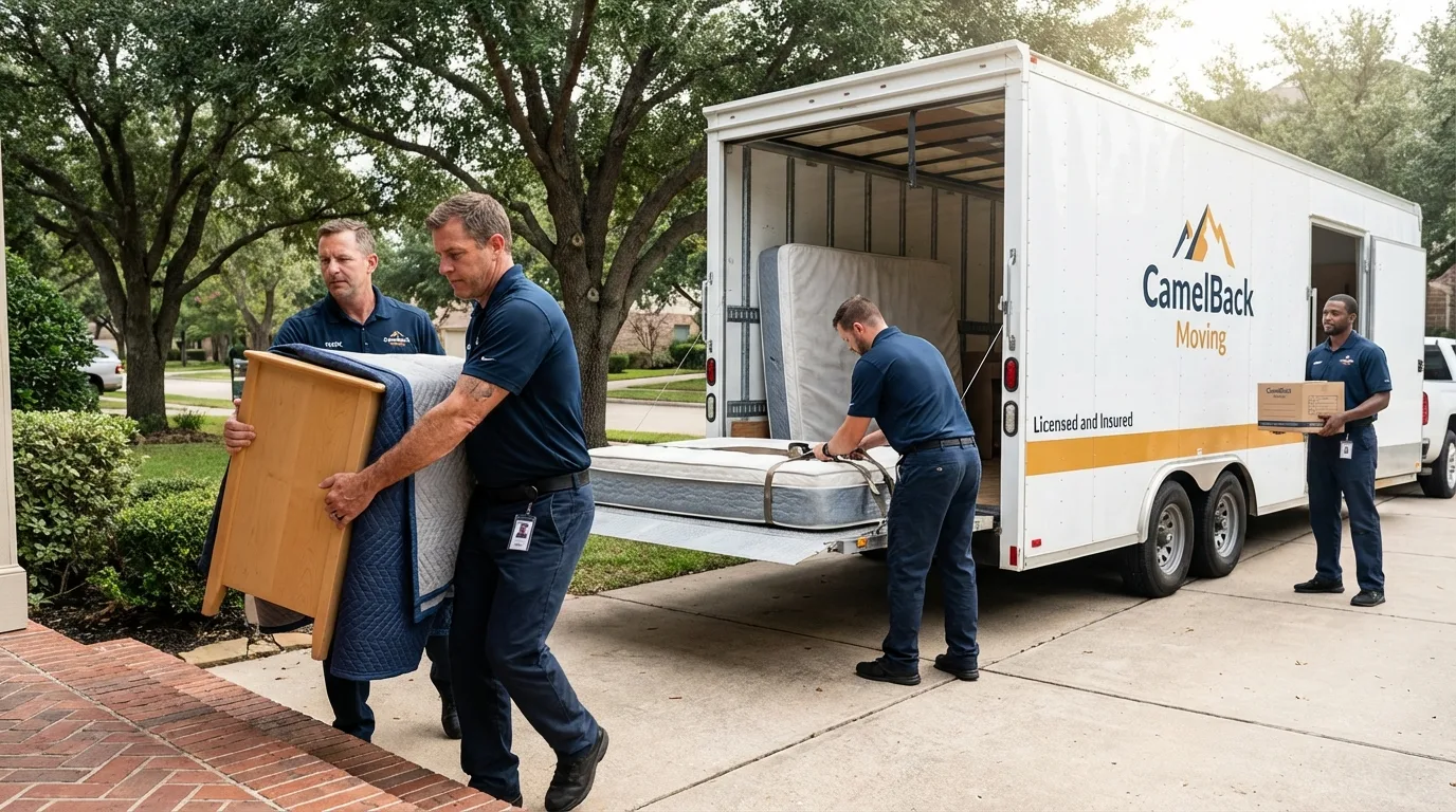 Crew loading residential truck for cross-state move from Healdton, OK