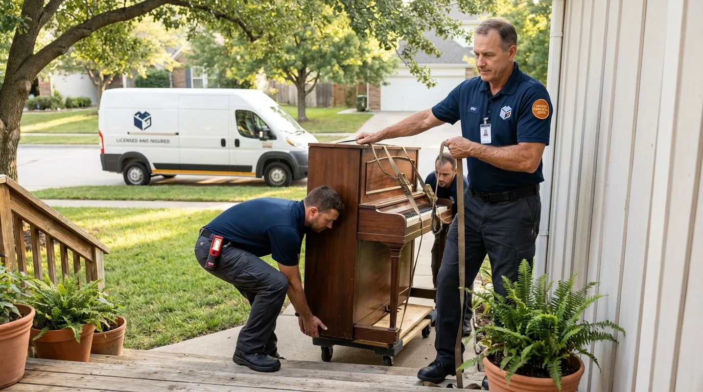 Licensed piano movers securing grand piano in Healdton, OK