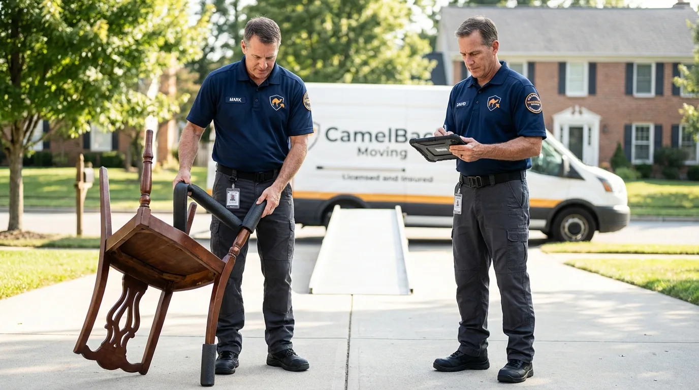 Movers inspecting furniture for damage prevention before loading in Healdton, OK