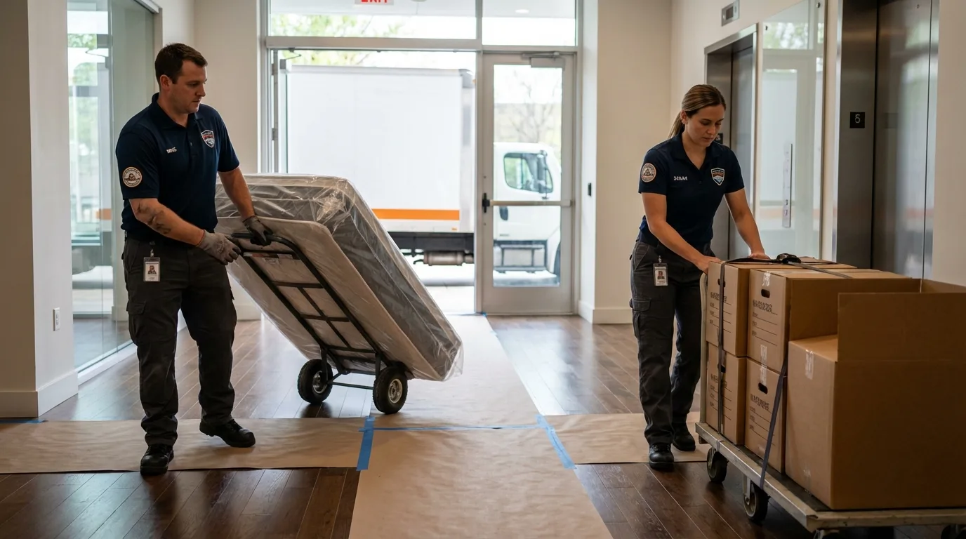 Professional apartment movers loading elevator in Healdton, OK